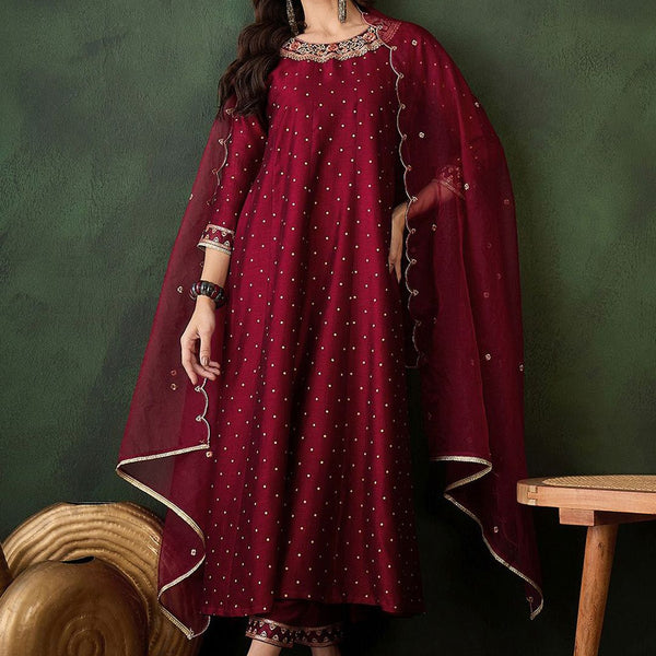 Sangria Geometric Printed Zari & Sequinned A-Line Kurta & Palazzo With Dupatta - Distacart
