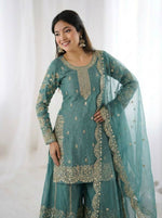 Thumbnail for Teeya Creation Turquoise Color Fendy Silk Embroidery Work Wedding Wear Salwar Suit - Distacart