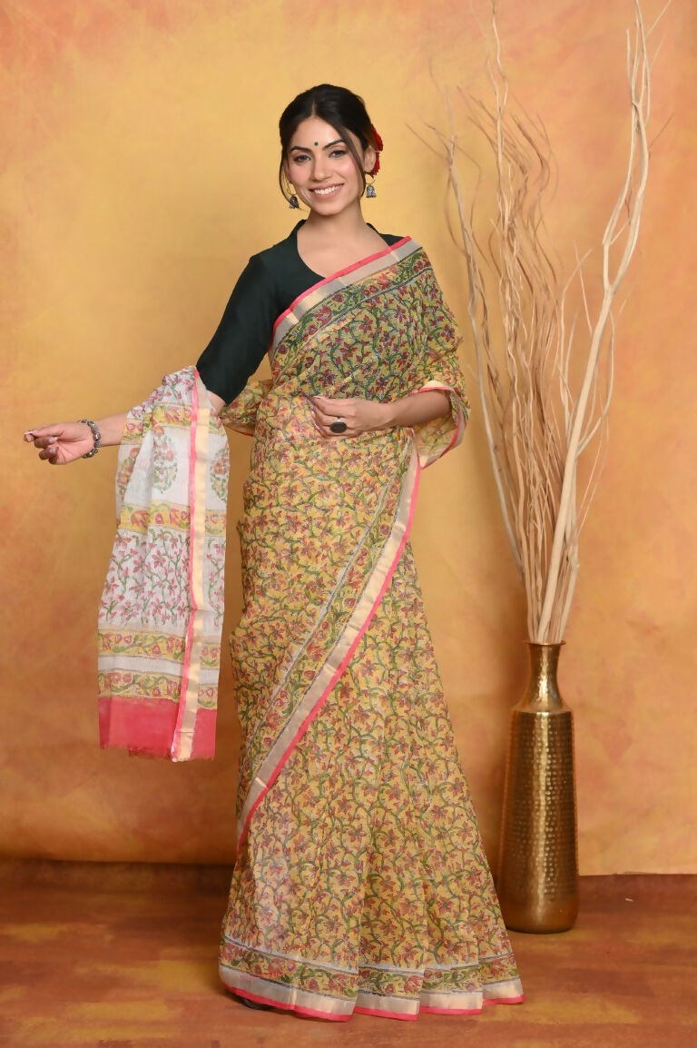Very Much Indian Pure Kota Cotton Handblock Printed Saree - Yellow - Distacart