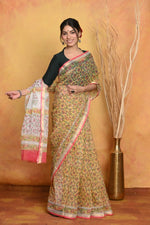 Thumbnail for Very Much Indian Pure Kota Cotton Handblock Printed Saree - Yellow - Distacart