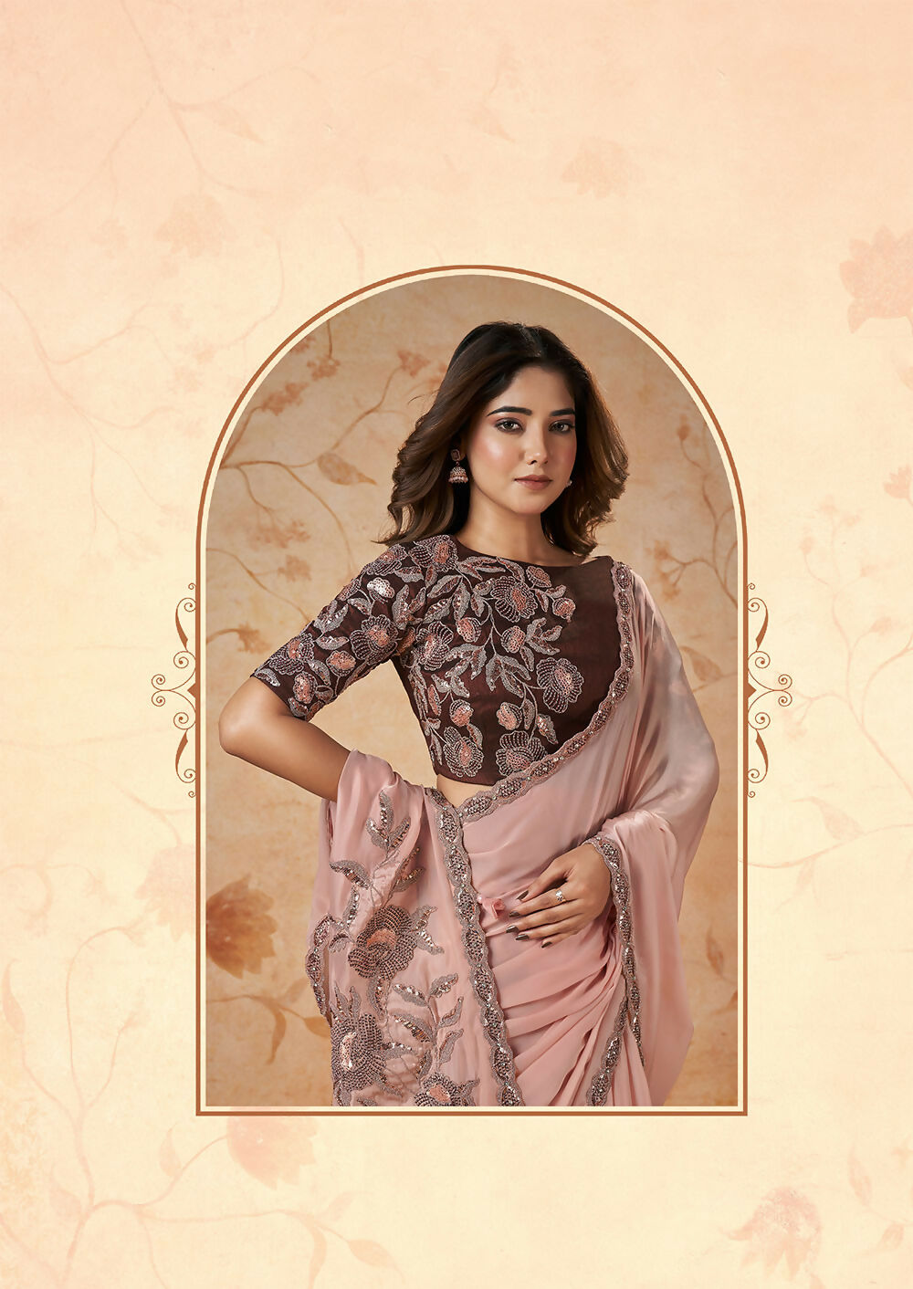Peach Crepe Satin Silk Thread, Sequence, Cord Embroidered with Stone Work Saree - Mohmanthan Dakshika - Distacart