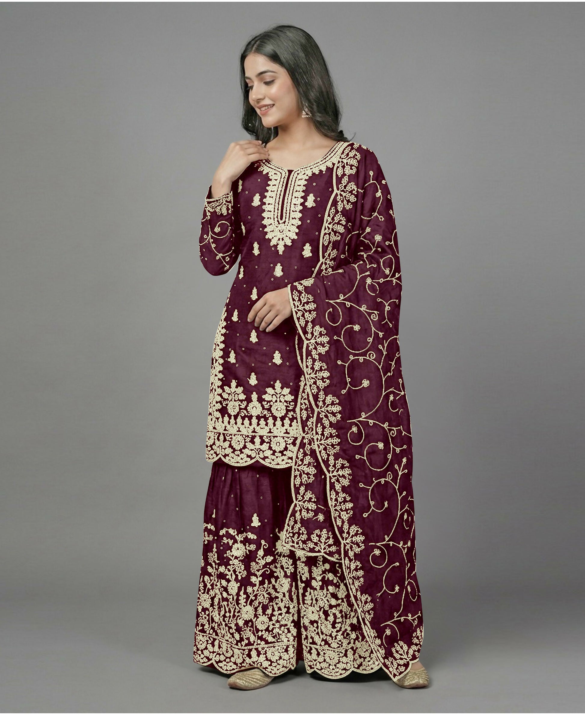 Teeya Creation Womens New Trendy Pure Gmy Silk With Heavy Embroidery Sequence Work Purple Kurta Set - Dista