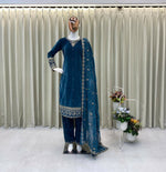 Thumbnail for Vastranavya Sea Blue Velvet Sequence Embroidery Work Kurta & Bottom With Dupatta - Distacart