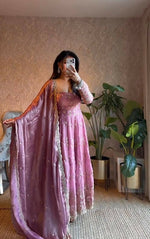 Thumbnail for Teeya Creation Pink Color Faux Georgette Long Party Wear Gown - Distacart