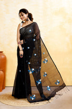 Thumbnail for Piyari Fashion Women's Black Embellished Cotton Blend Embroidery Saree - Distacart