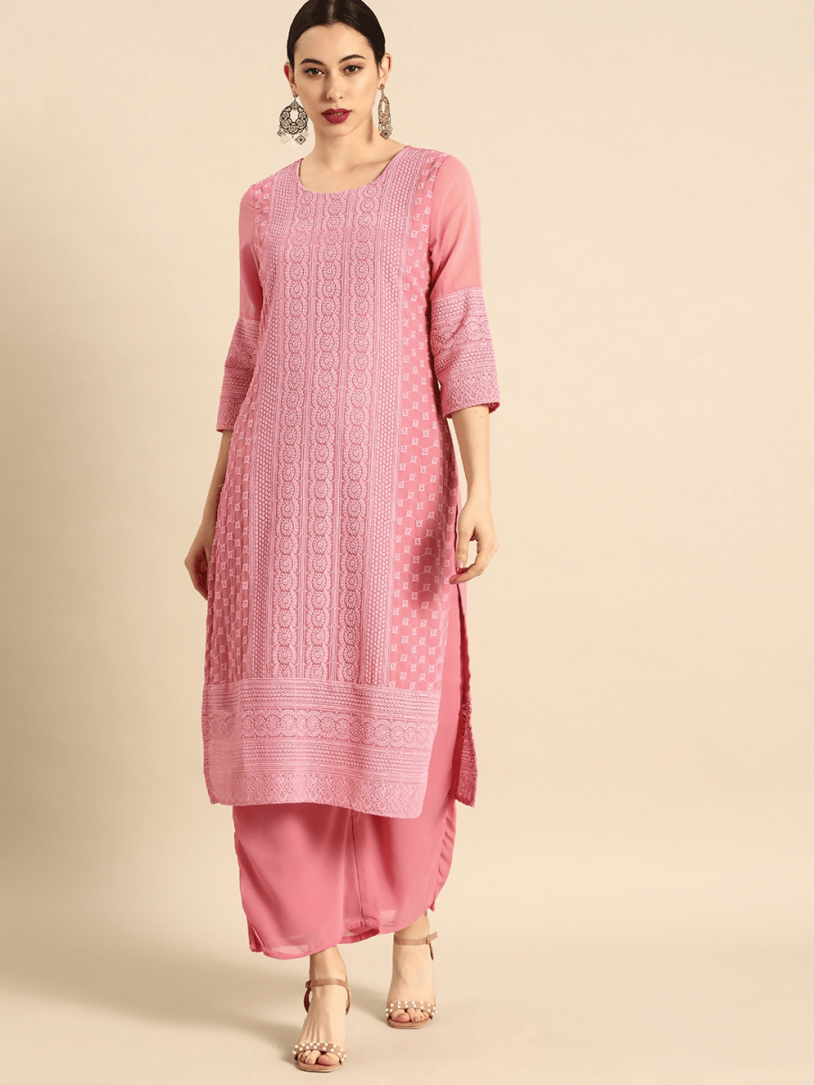 Anouk Women Pink Chikankari Embroidered Kurta with Palazzos - Distacart