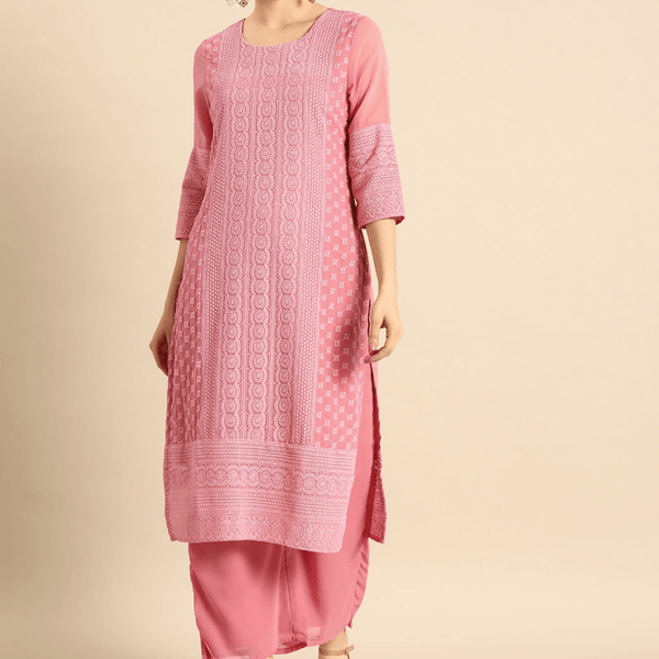 Anouk Women Pink Chikankari Embroidered Kurta with Palazzos - Distacart