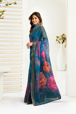 Thumbnail for Vastranavya Teal Digital Printed Linen Ready To Wear Designer Saree with Unstitched Blouse - Distacart