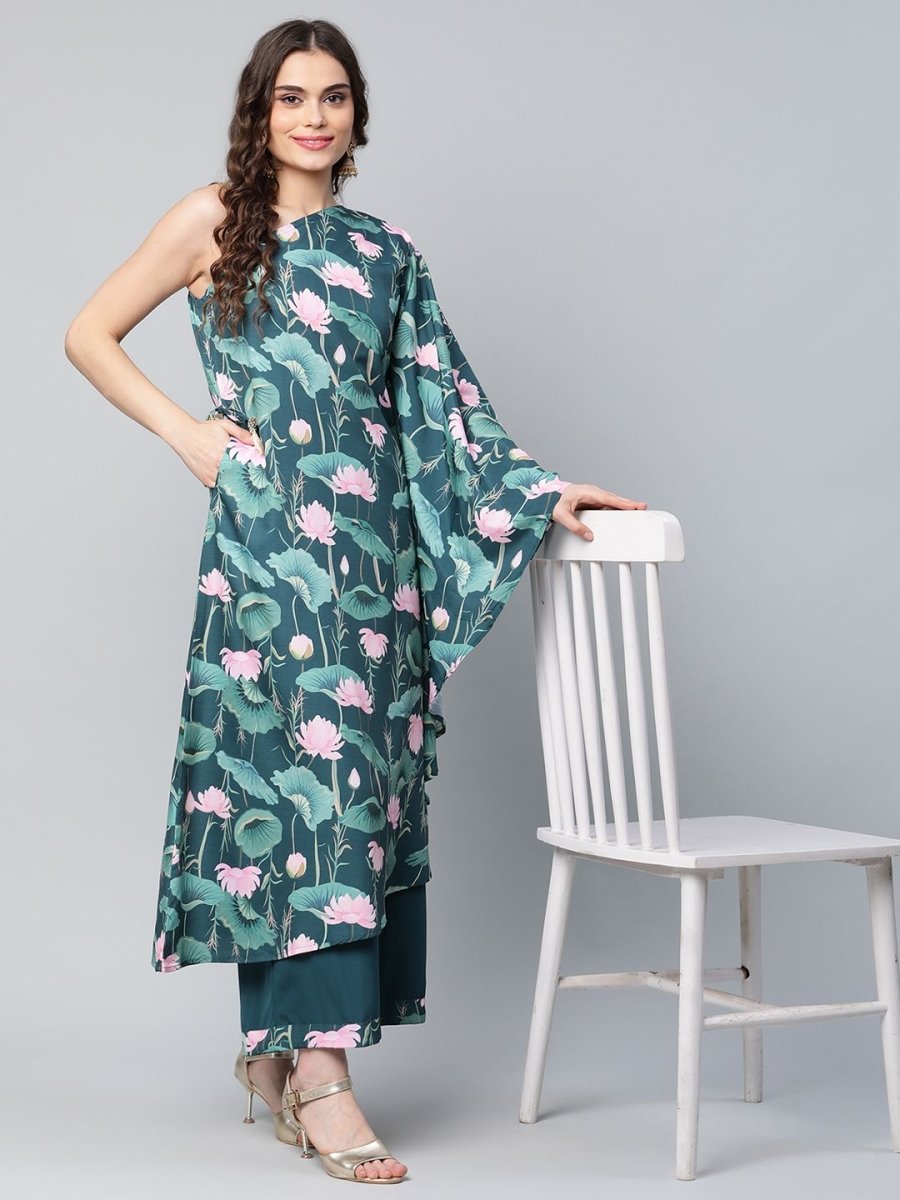Ahalyaa Women Green Crepe Floral Printed Kurta with Palazzo Set - Distacart