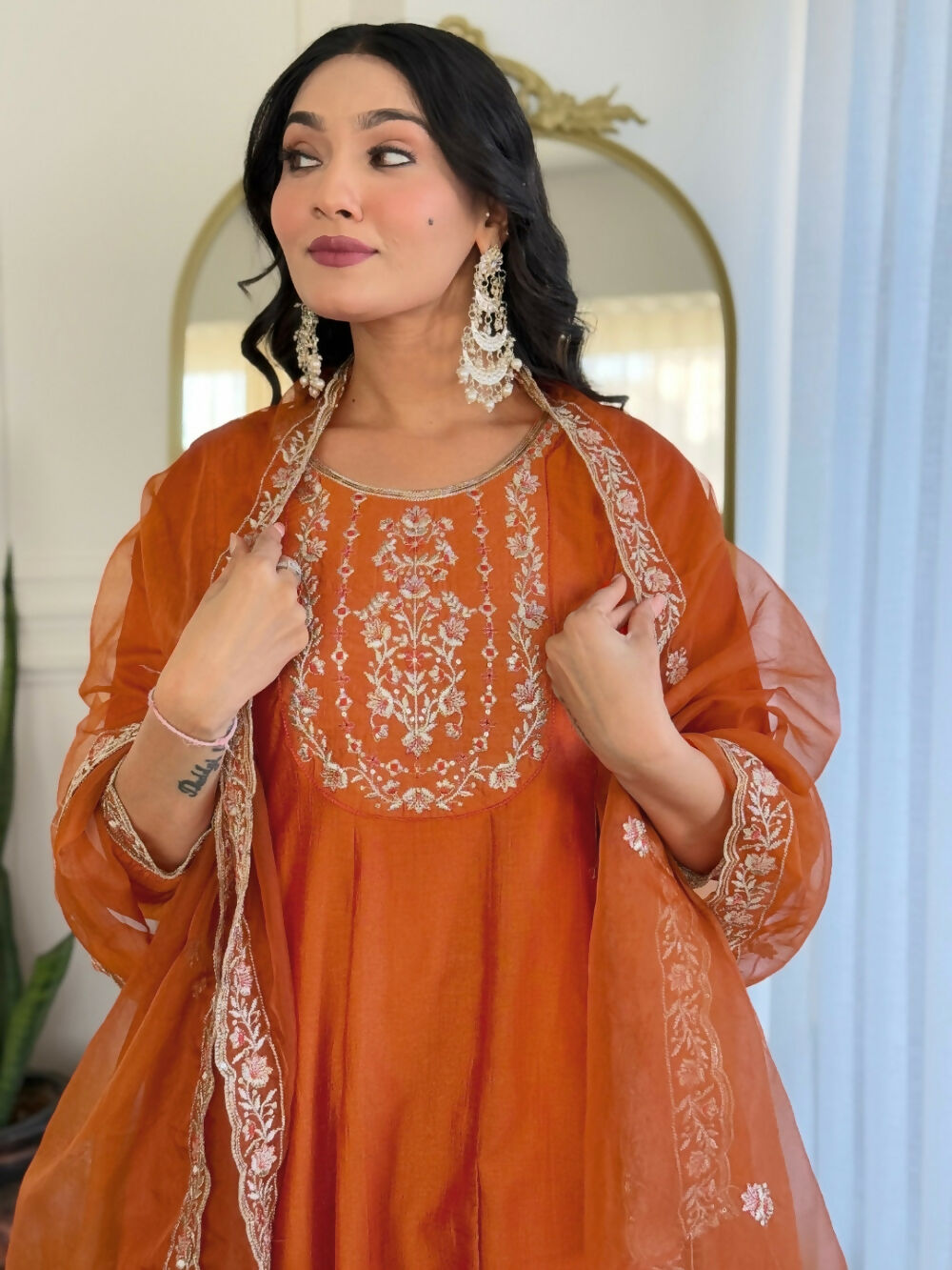 Divine Drape Women's Vichitra Silk Embroidered Flared Kurta Pant With Dupatta - Orange