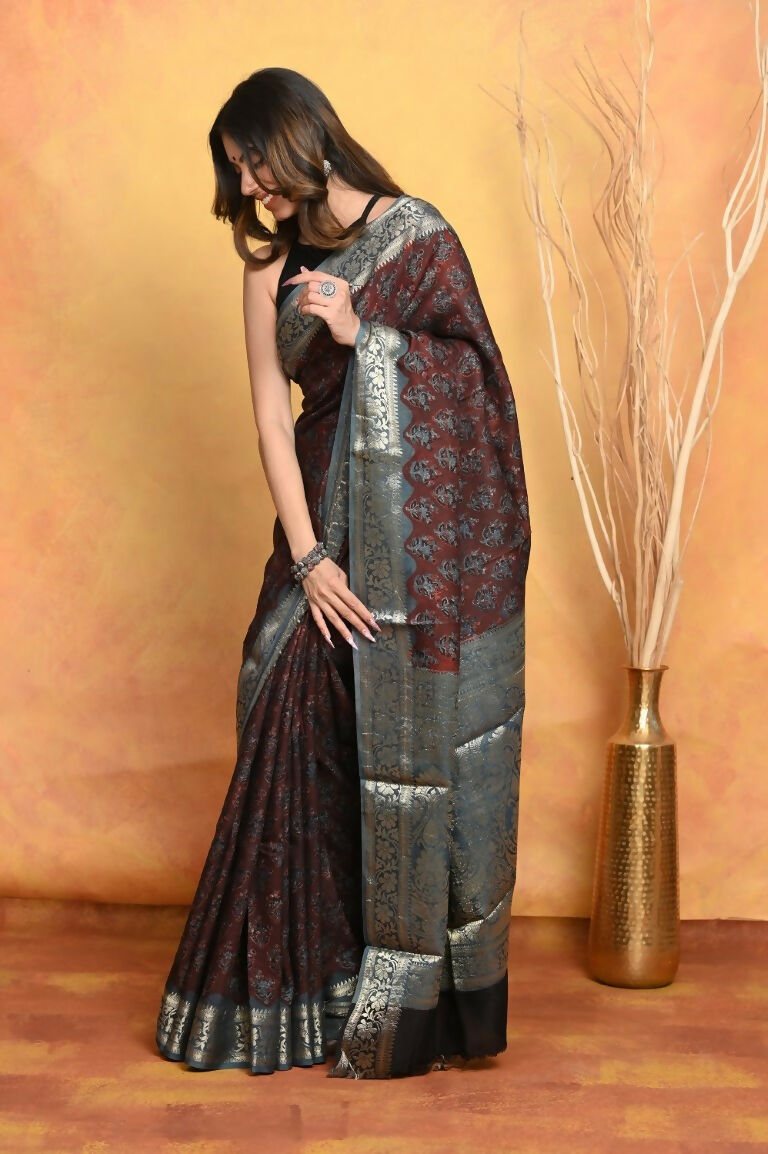 Very Much Indian Modal Silk Ajrakh Handblock Printed Natural Dyes With Designer Border Saree - Dark Maroon - Distacart