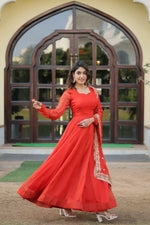Thumbnail for Aastha Fashion Women's Orange Russian Silk Kali Pattern Work in Flair Anarkali Dress with Dupatta - Distacart