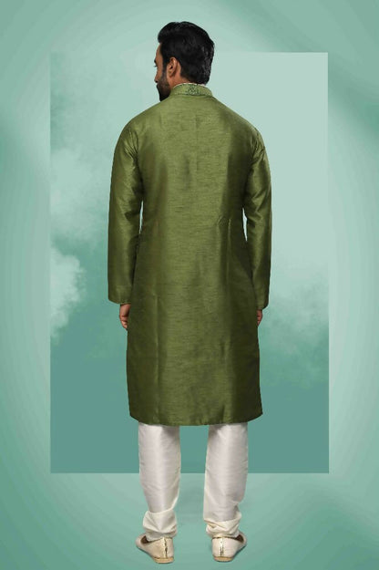 Raivat Ethnic Art Silk Mirror Embroidery Work Kurta Pajama In Green Colour - Dista