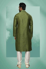 Thumbnail for Raivat Ethnic Art Silk Mirror Embroidery Work Kurta Pajama In Green Colour - Dista