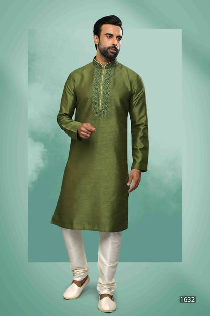 Raivat Ethnic Art Silk Mirror Embroidery Work Kurta Pajama In Green Colour - Dista