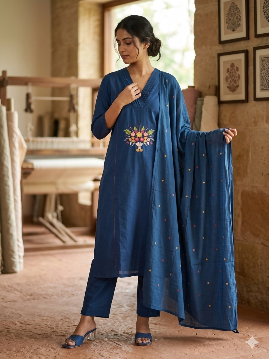 Teeya Creation Indigo Blue Straight Kurta Pant Set With Matching Dupatta - Dista