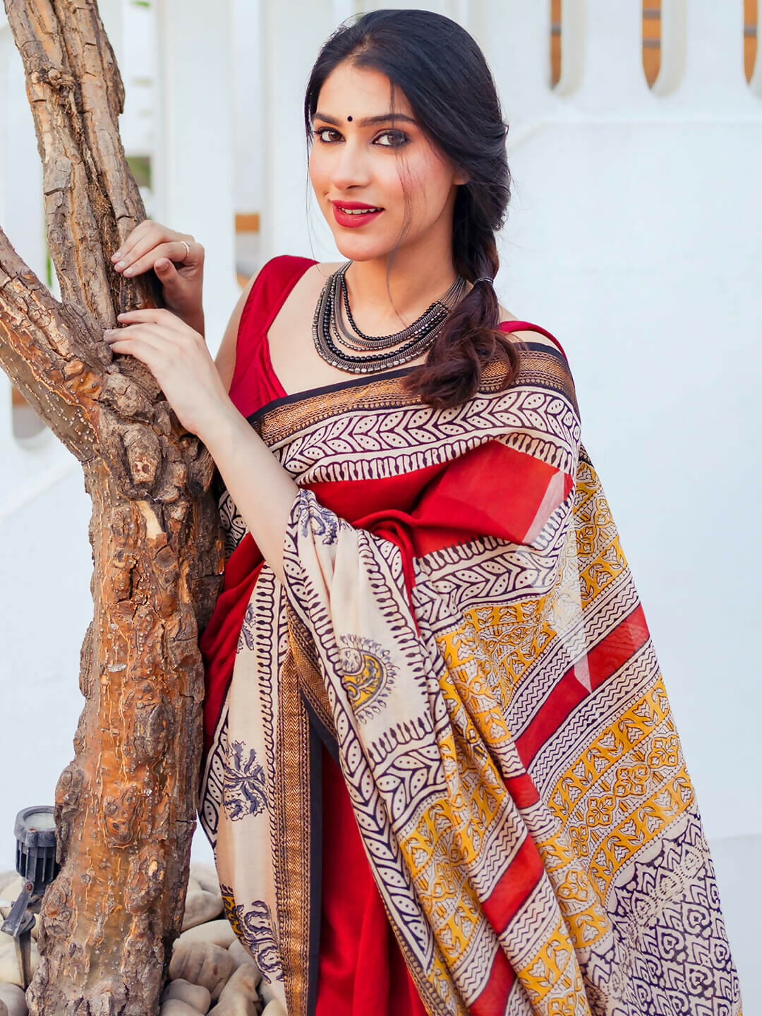 Zibaa Hand-Blocked Pure Maheshwari Silk Red Saree