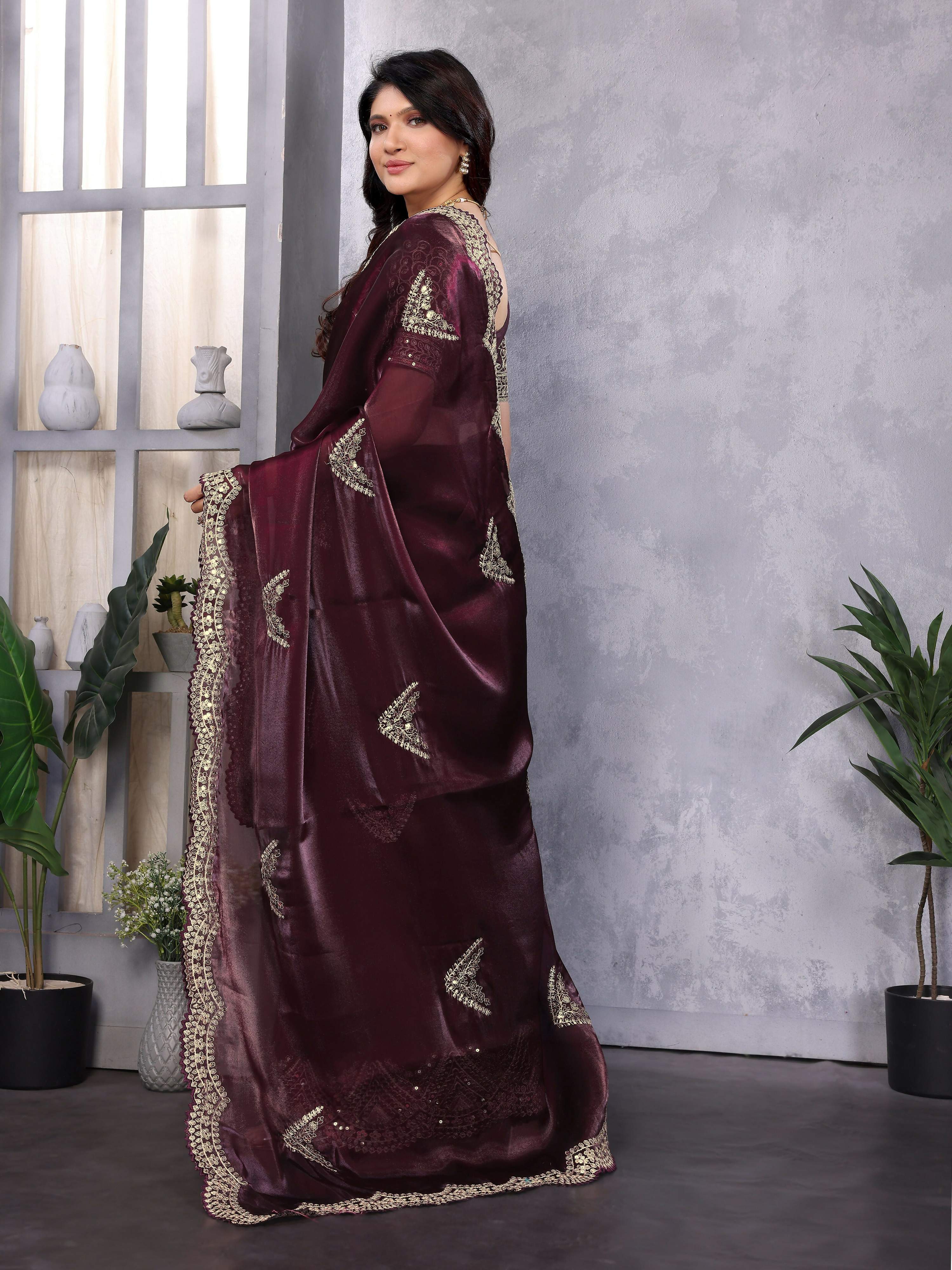 Vastranavya Wine Embroidery Work Shimmer Chiffon Saree with Unstitched Blouse