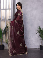 Thumbnail for Vastranavya Wine Embroidery Work Shimmer Chiffon Saree with Unstitched Blouse