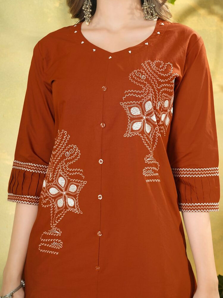 Teeya Creation Orange Embroidered Cotton Co-ord Set for Women - Dista