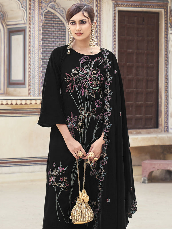 Jyoti Fashion Women's Black Velvet Resham Thread with Jari & Sequin Kurta with Trouser & Dupatta - Distacart
