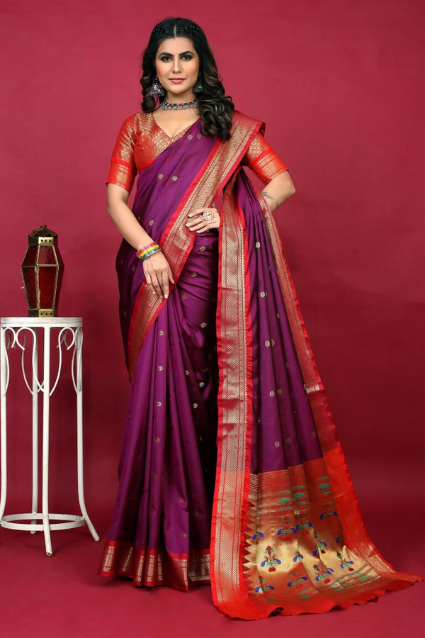 Jyoti Fashion Women's Purple Paithani Silk Zari Woven Saree with Blouse - Distacart