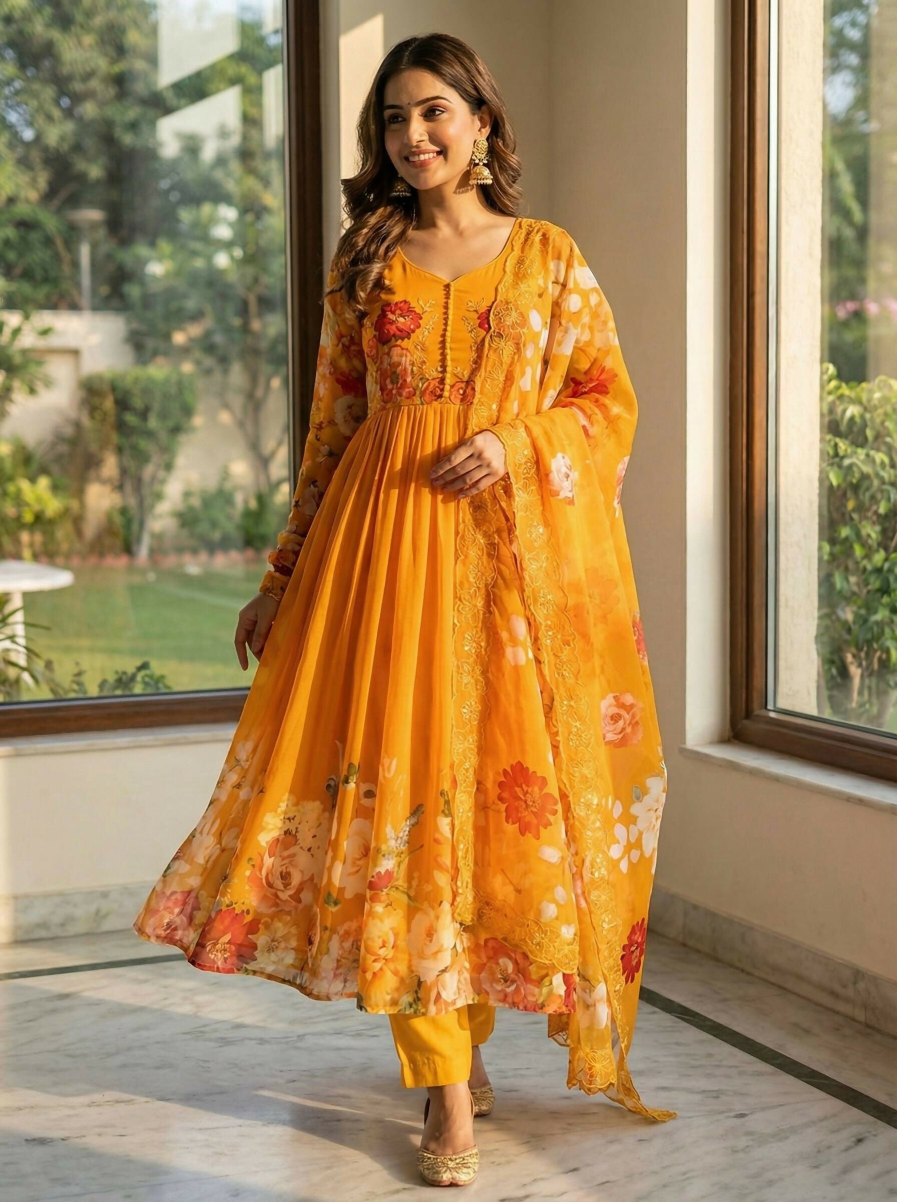 Teeya Creation Womens New Fancy Fox Georgette Heavy Quality Fabric With Handwork Orange Gown Set - Dista