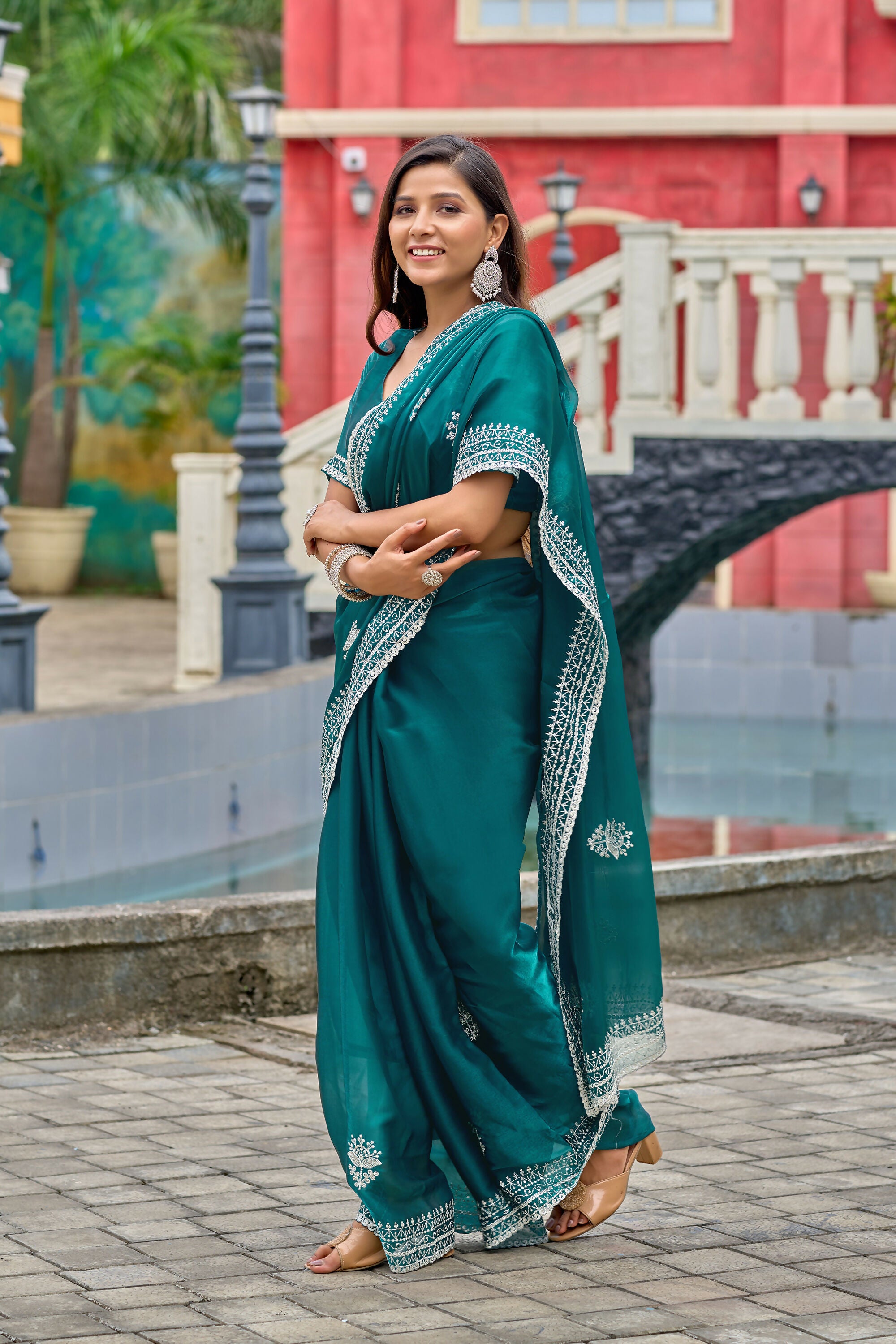 Vastranavya Rama Embroidery Work Shimmer Chiffon Saree with Unstitched Blouse