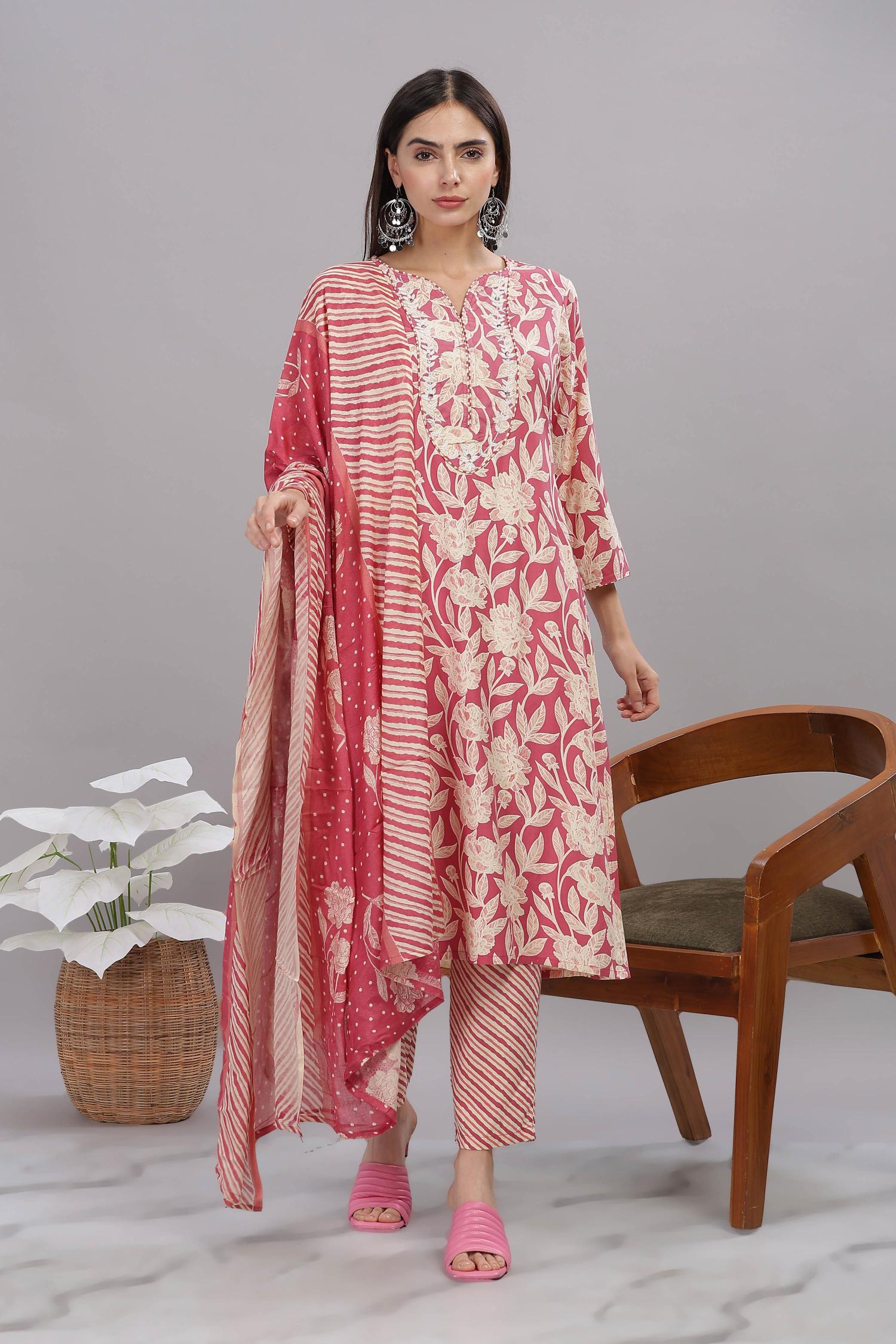 BulBul Firdous Red Rayon Kurta Set with Dupatta