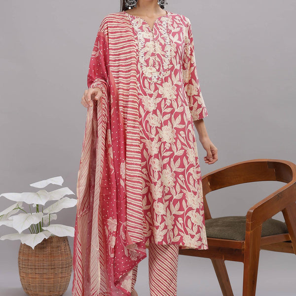 BulBul Firdous Red Rayon Kurta Set with Dupatta