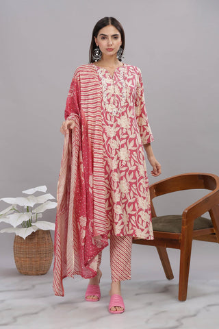 BulBul Firdous Red Rayon Kurta Set with Dupatta