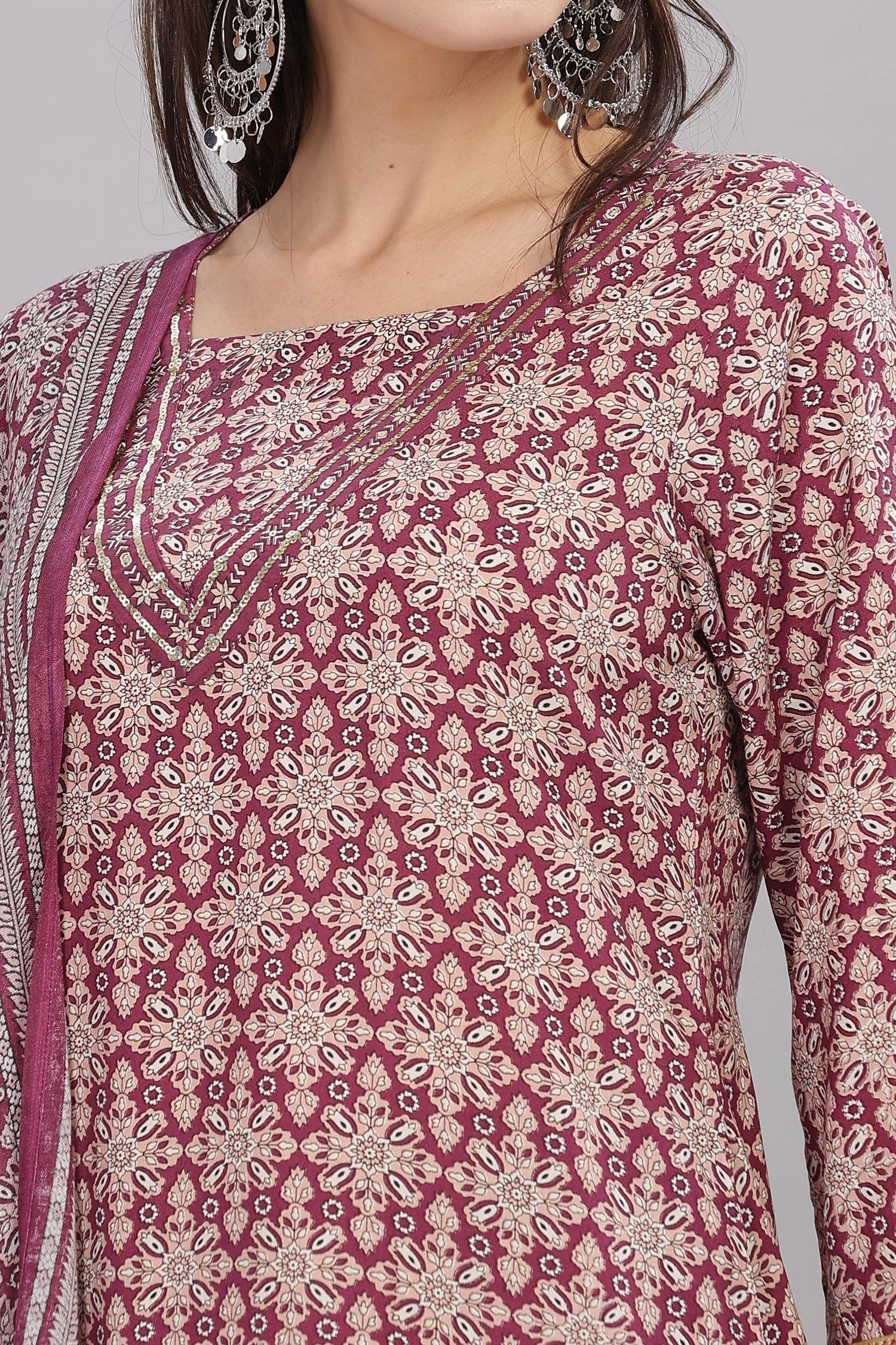 BulBul Firdous Rayon Maroon Kurta Set with Dupatta