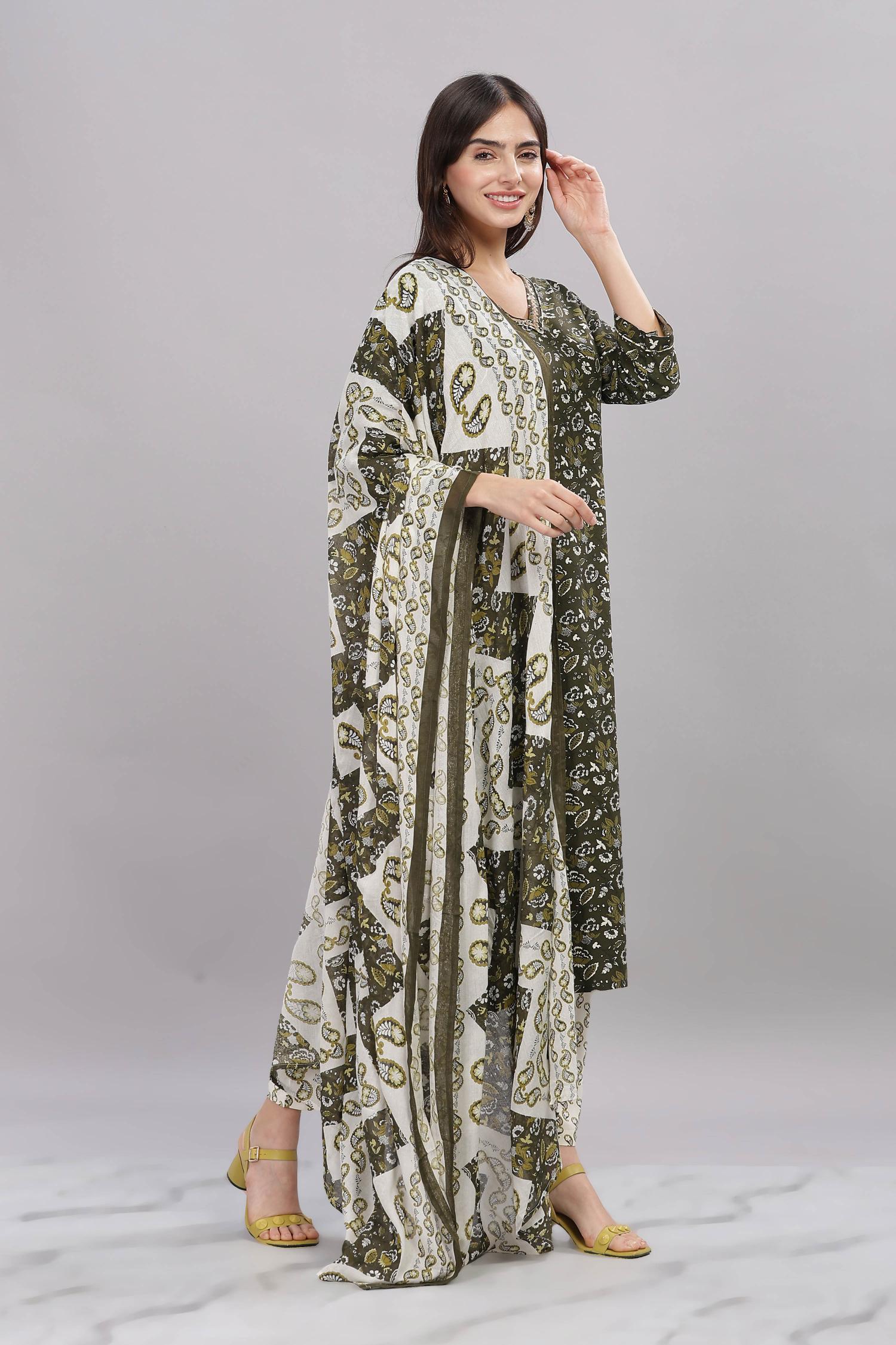 BulBul Firdous Olive Rayon Kurta Set with Dupatta