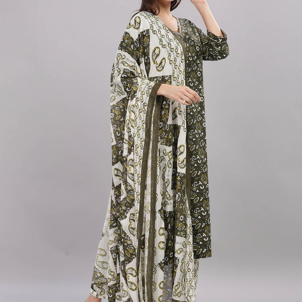 BulBul Firdous Olive Rayon Kurta Set with Dupatta