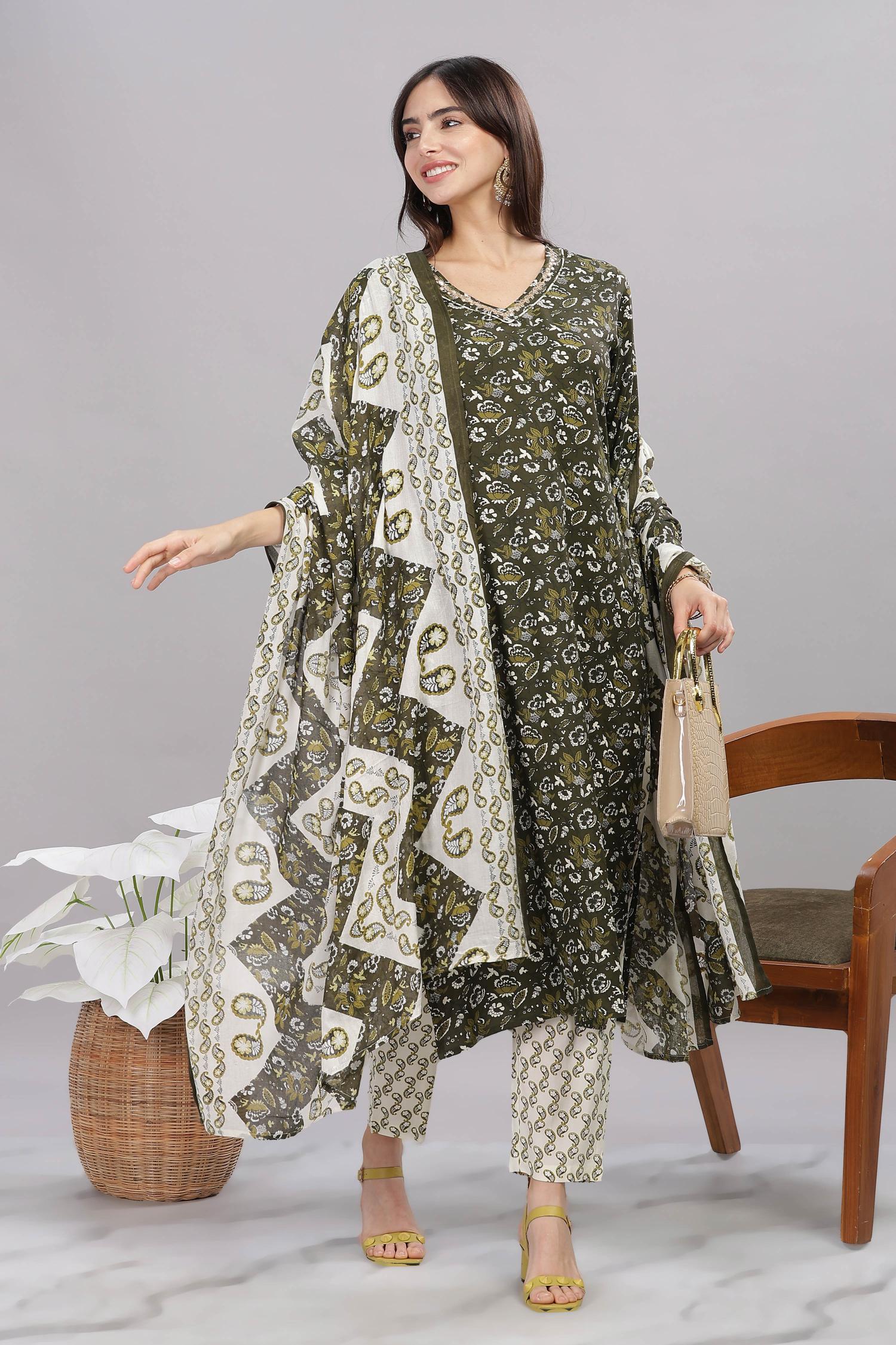 BulBul Firdous Olive Rayon Kurta Set with Dupatta