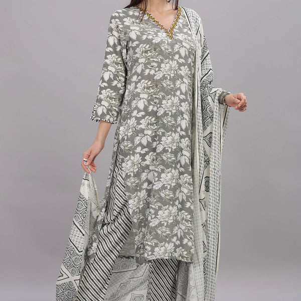 BulBul Firdous Grey Rayon Kurta Set with Dupatta