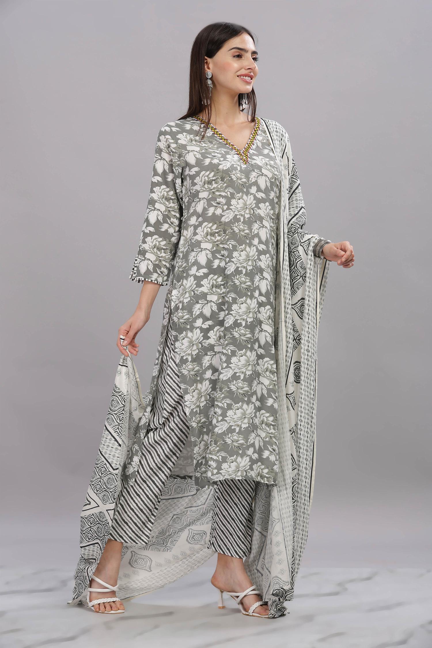 BulBul Firdous Grey Rayon Kurta Set with Dupatta - Distacart