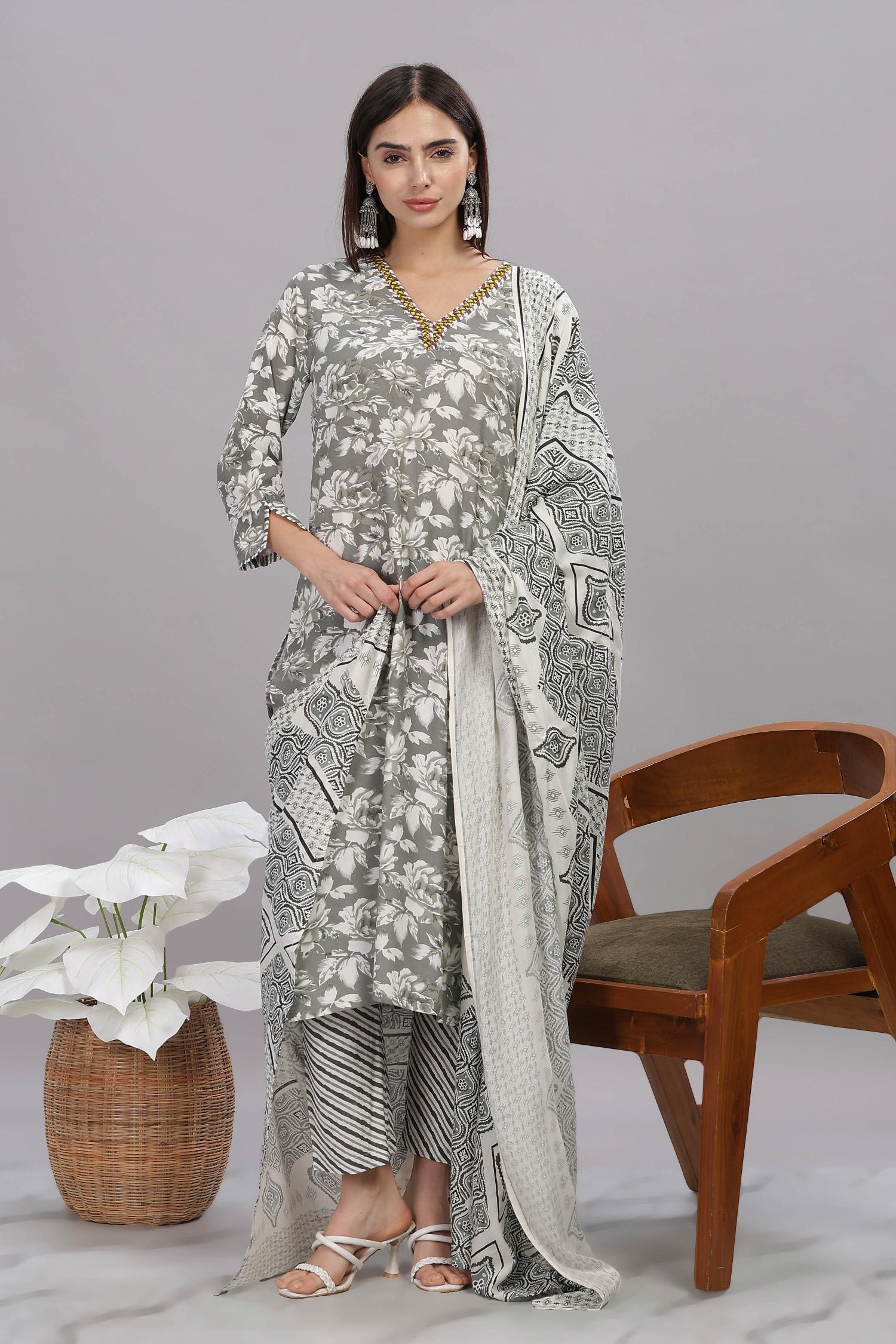 BulBul Firdous Grey Rayon Kurta Set with Dupatta
