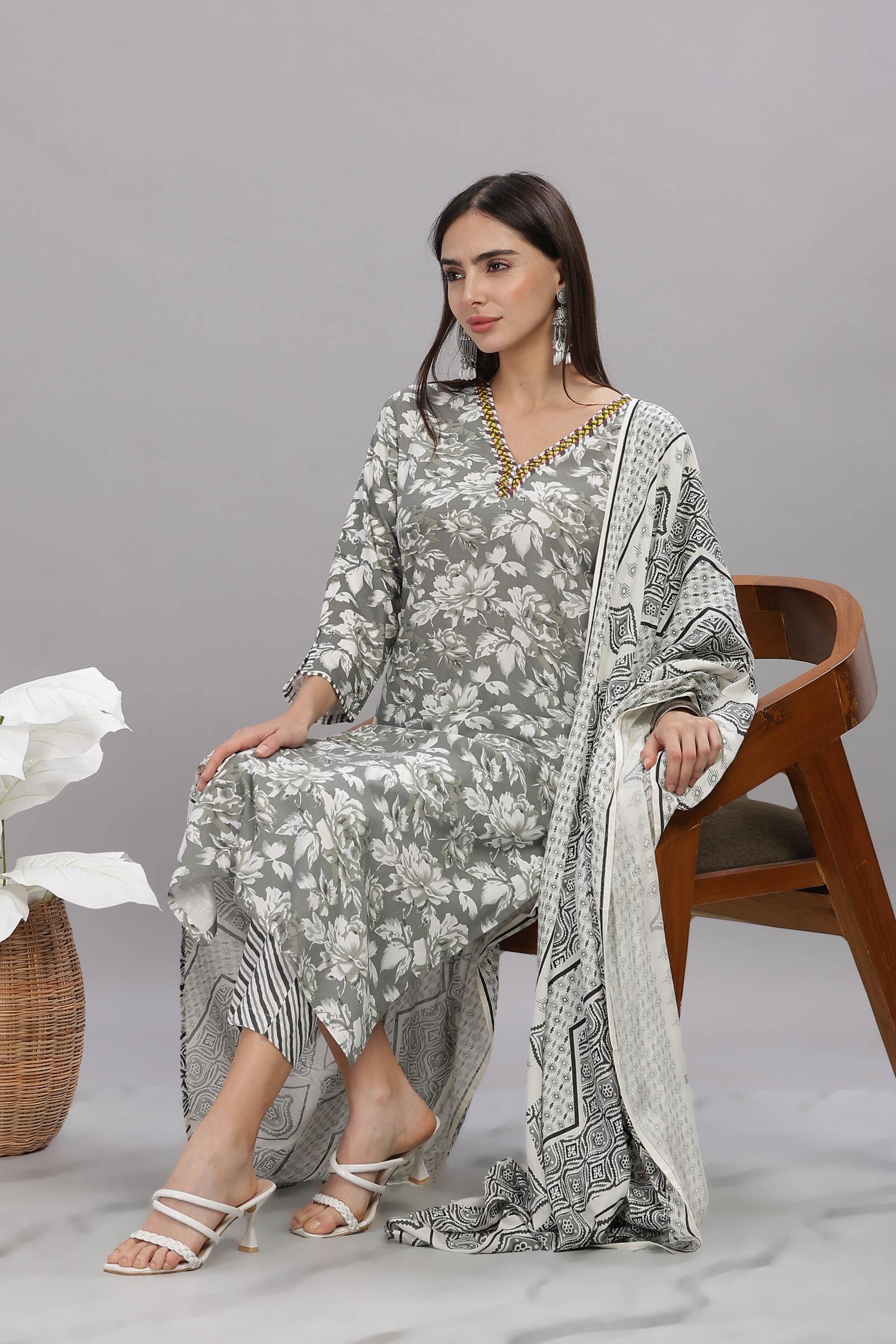 BulBul Firdous Grey Rayon Kurta Set with Dupatta