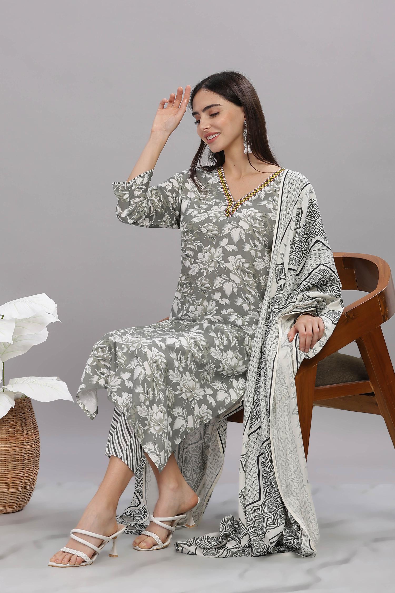 BulBul Firdous Grey Rayon Kurta Set with Dupatta