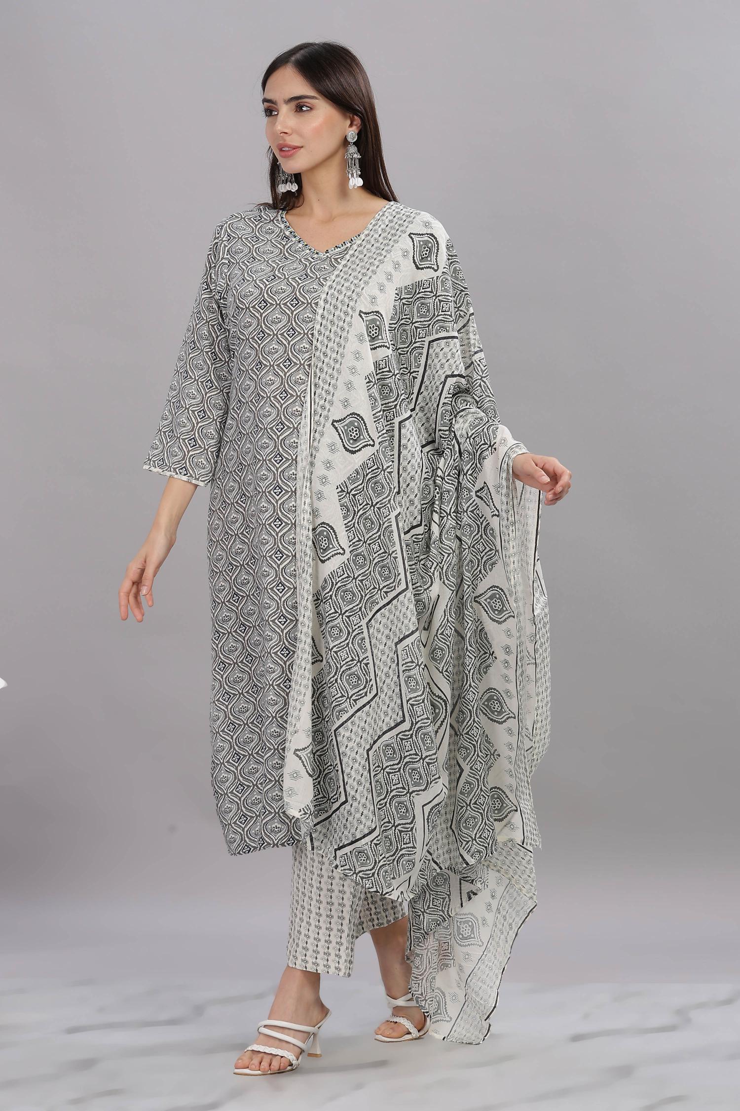BulBul Firdous Abstract Grey Rayon Kurta Set with Dupatta