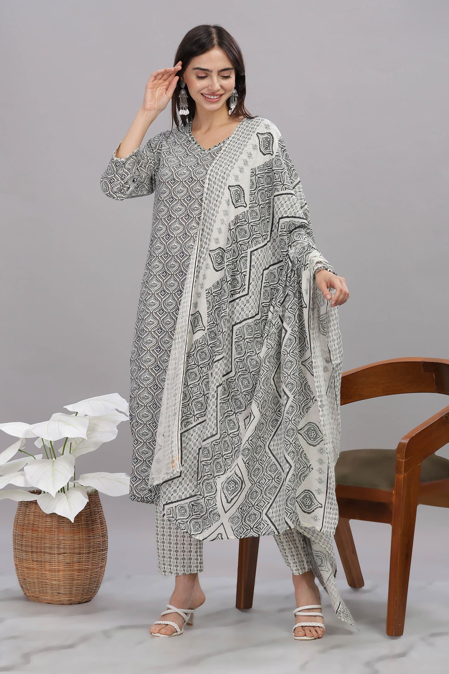BulBul Firdous Abstract Grey Rayon Kurta Set with Dupatta