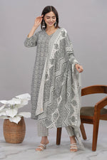 Thumbnail for BulBul Firdous Abstract Grey Rayon Kurta Set with Dupatta