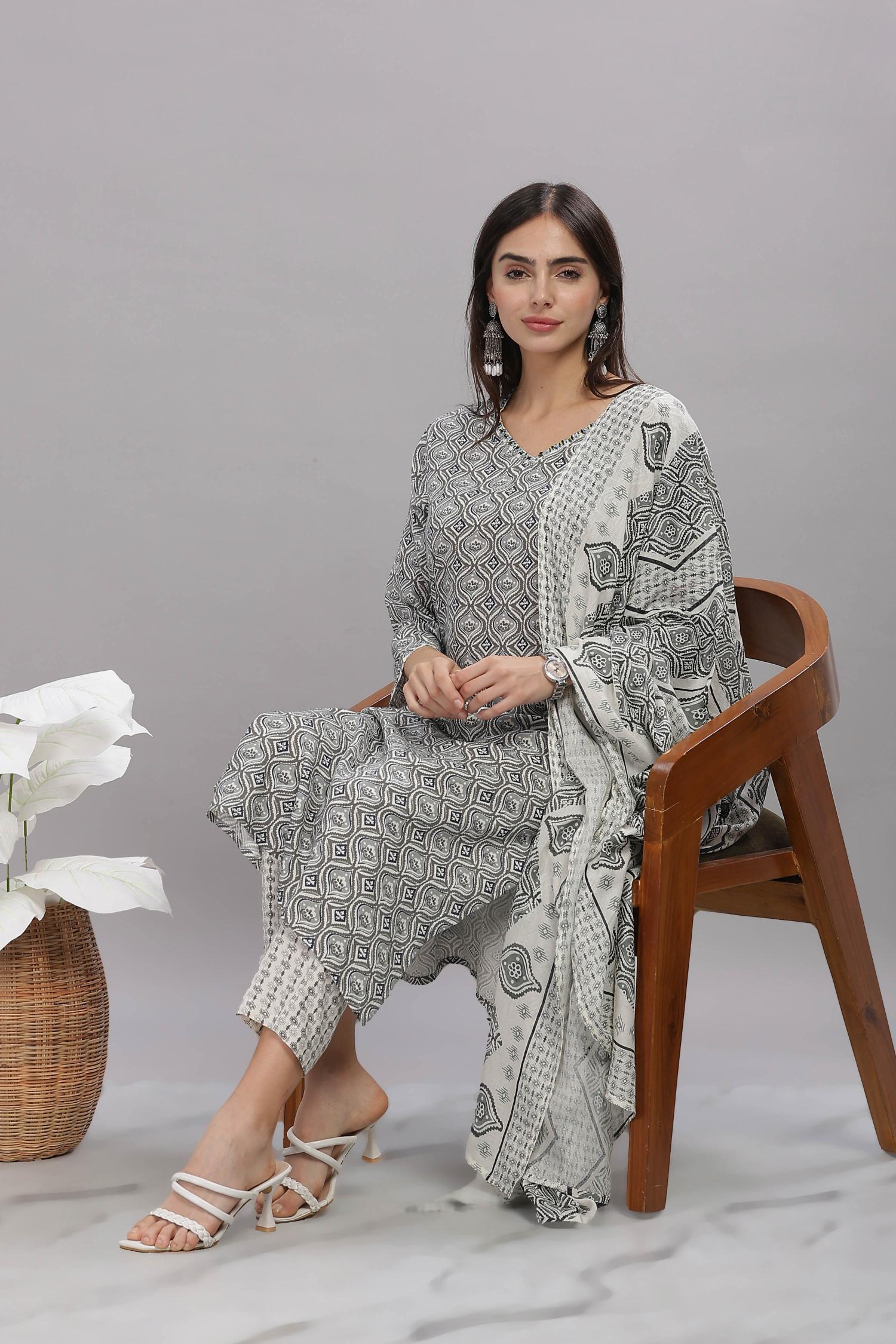 BulBul Firdous Abstract Grey Rayon Kurta Set with Dupatta