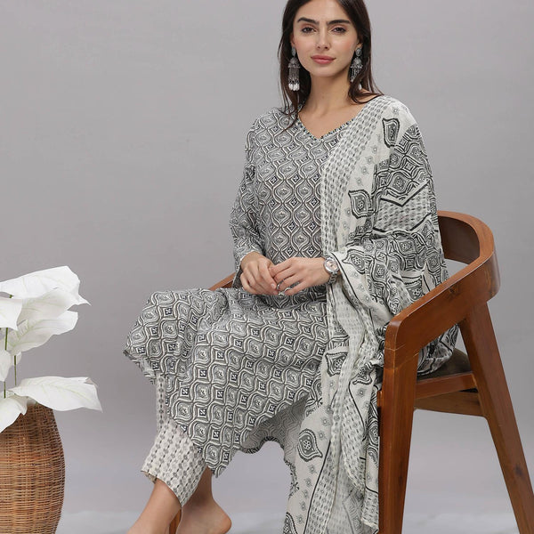 BulBul Firdous Abstract Grey Rayon Kurta Set with Dupatta