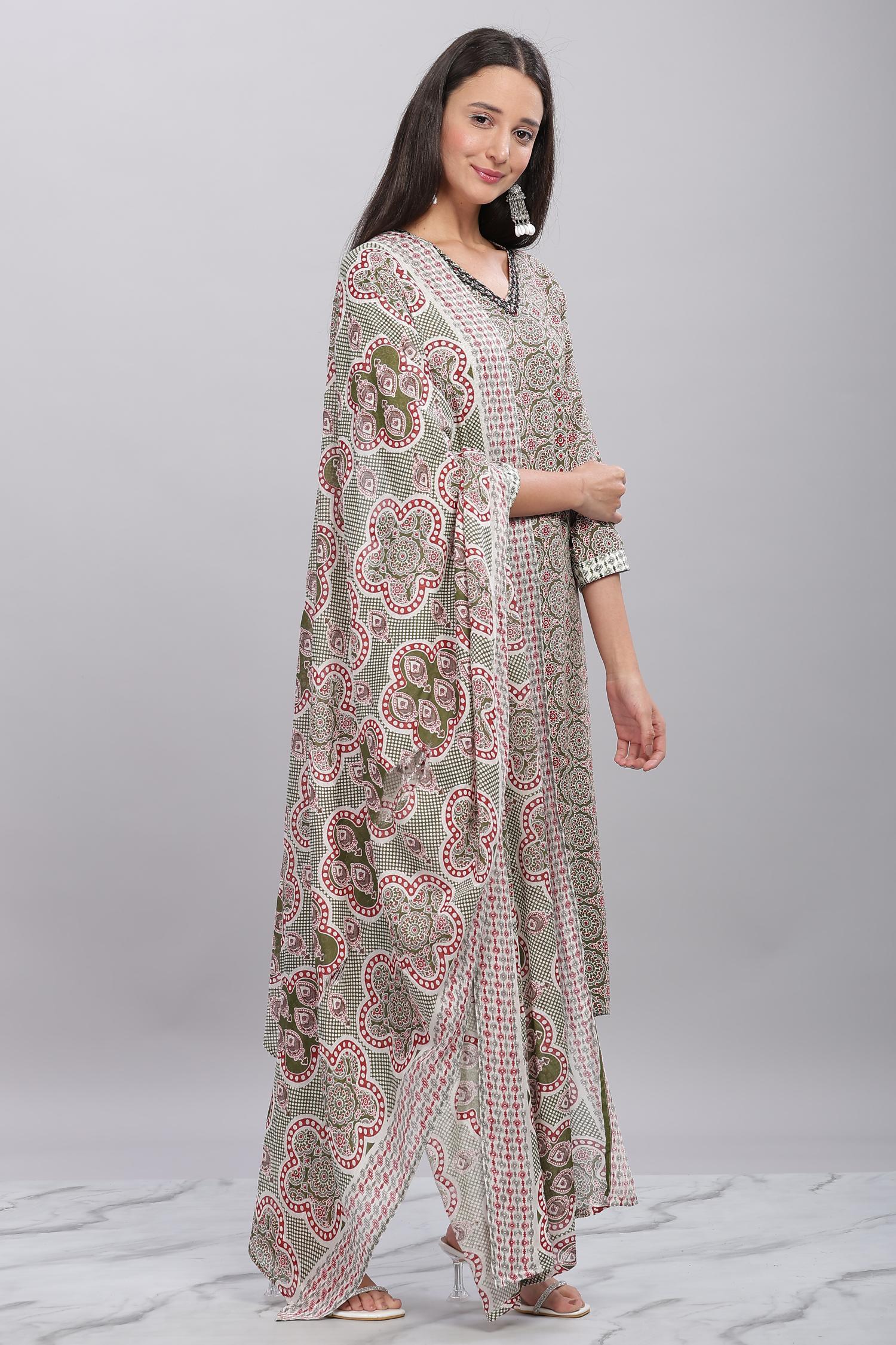BulBul Firdous Rayon Olive Kurta Set with Dupatta
