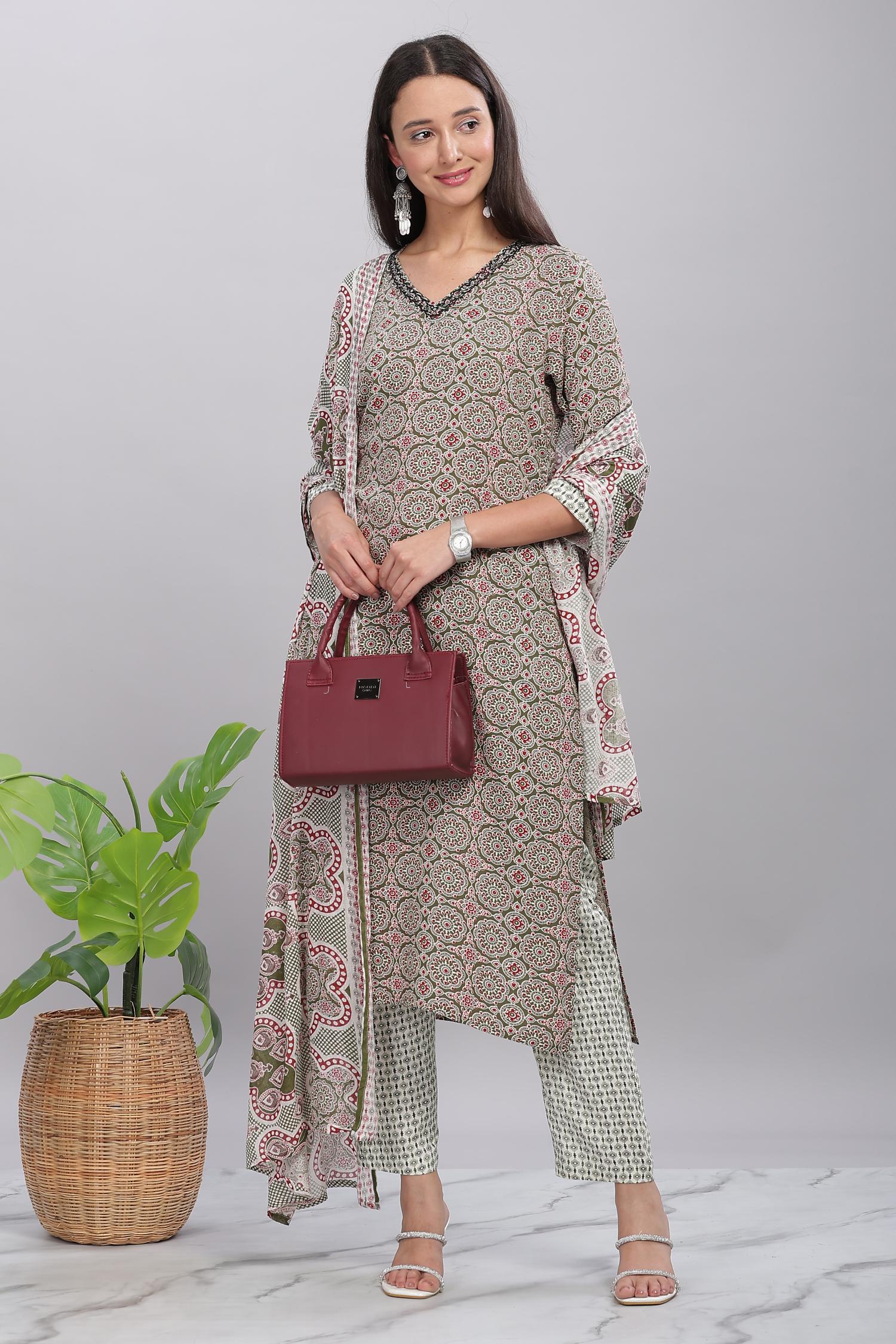 BulBul Firdous Rayon Olive Kurta Set with Dupatta