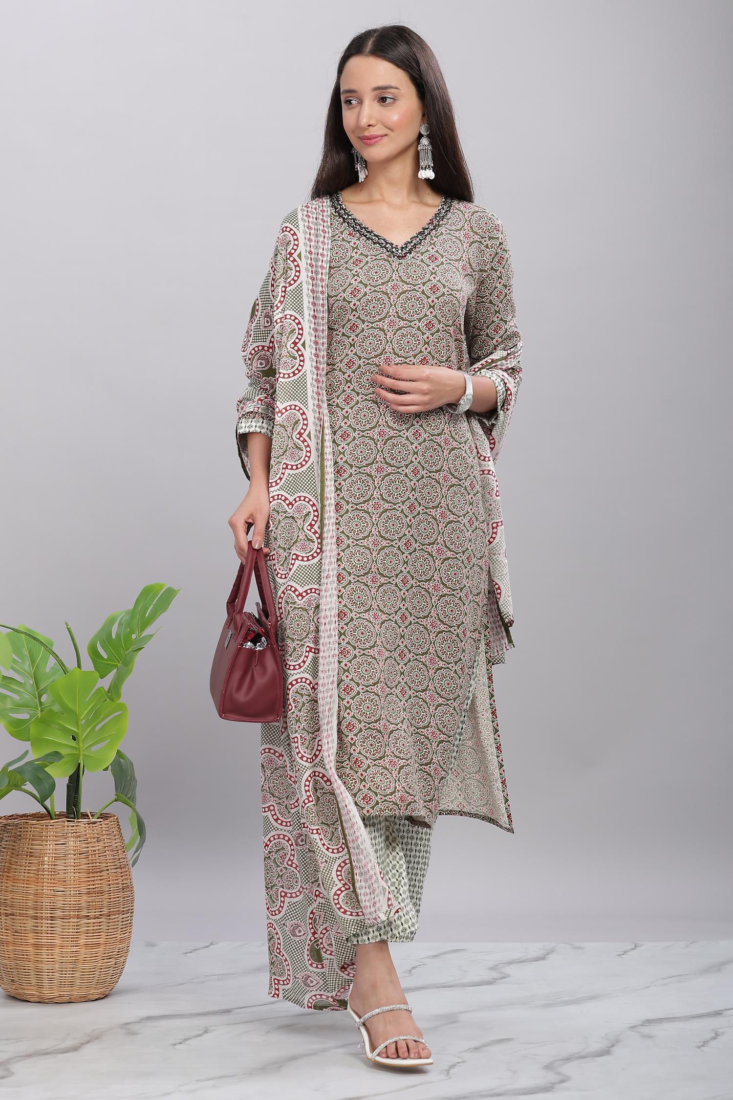 BulBul Firdous Rayon Olive Kurta Set with Dupatta