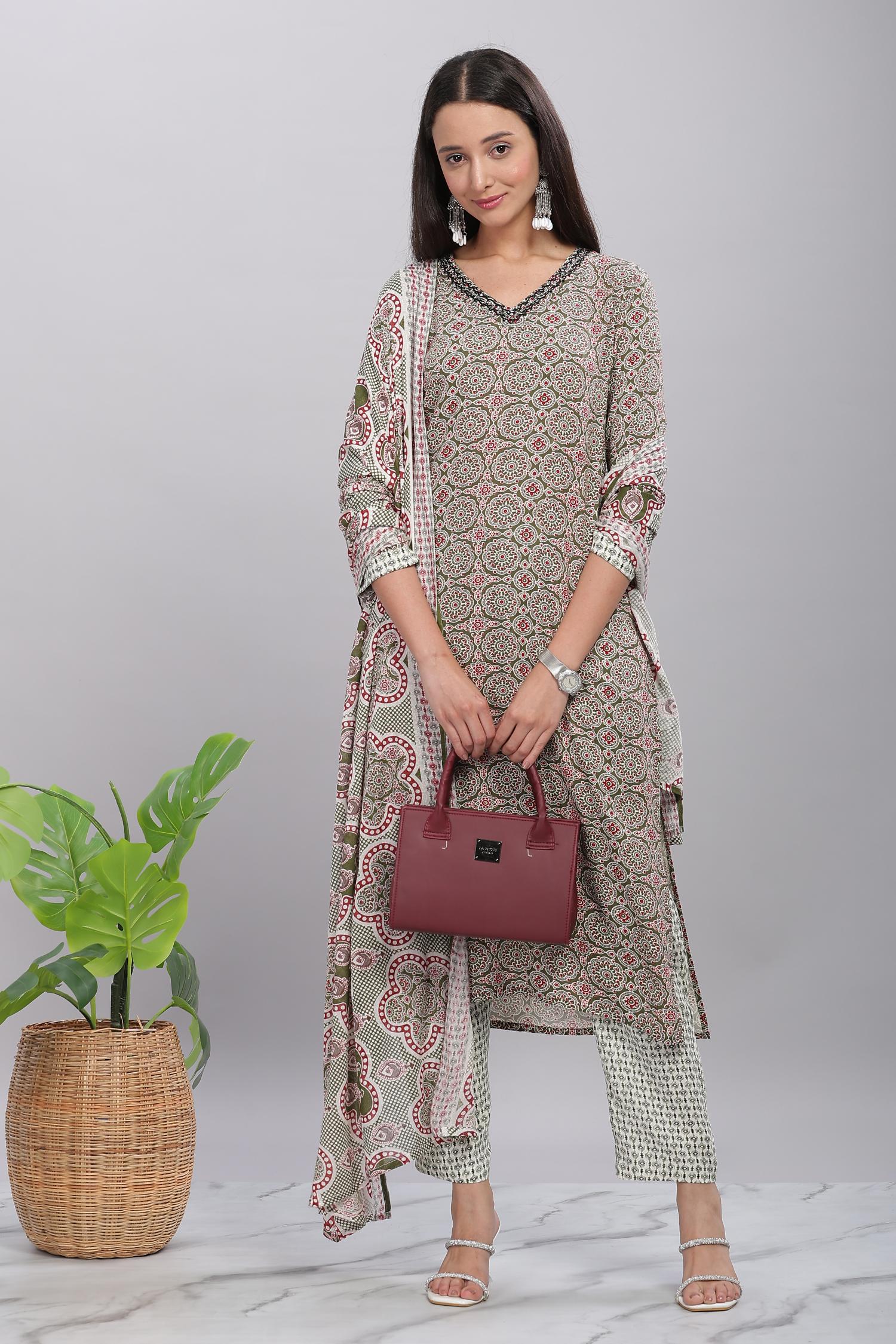 BulBul Firdous Rayon Olive Kurta Set with Dupatta
