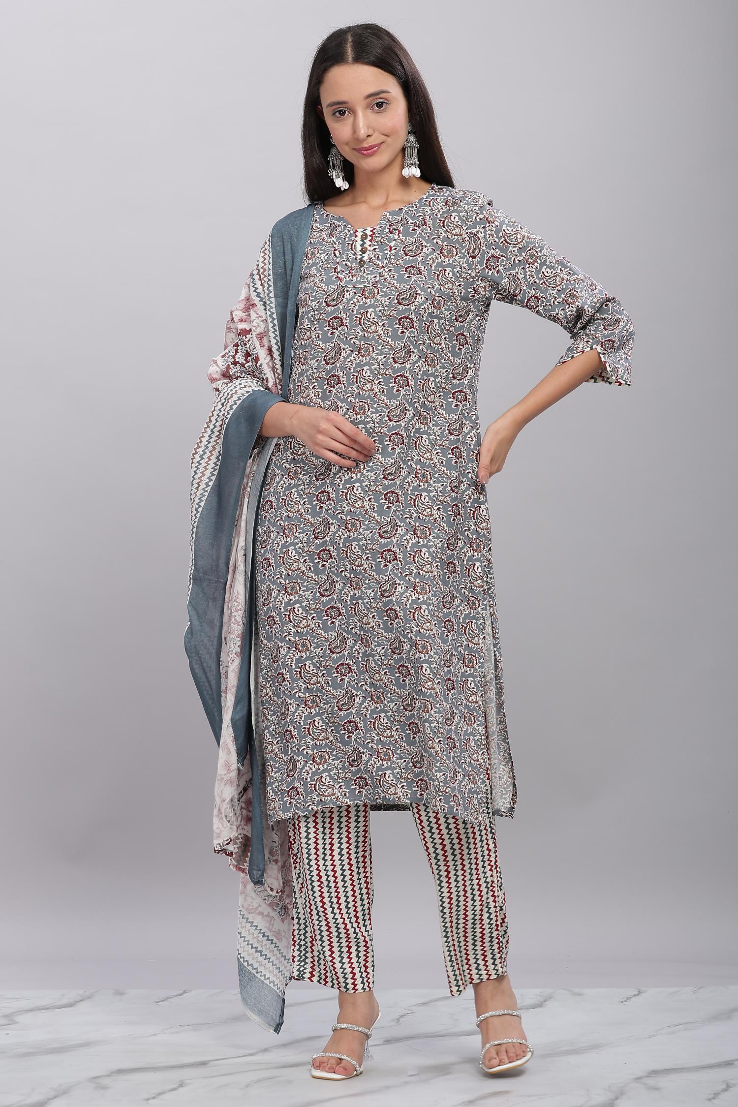 BulBul Firdous Rayon Grey Kurta Set with Dupatta